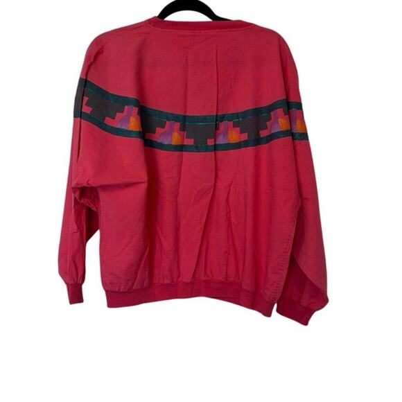 Vintage 80s Long Sleeve T-Shirt Size L Hand Painted Graphic Pink Aztec Cotton - Picture 2 of 11